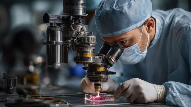 Scientist examining microscopic slide under selective focus microscope in laboratory setting during daytime