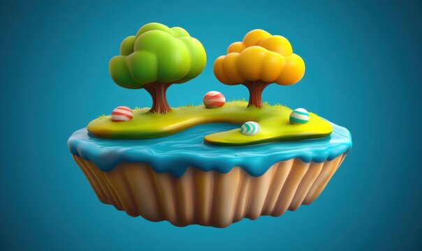 Cartoon island floating with trees and water on cake base 3 d render