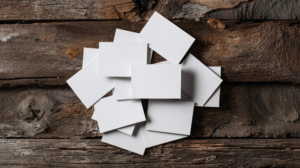 Vertical business card scatter mockup on wooden tabletop background with natural texture and elegant branding, professional neutral color palette, high realism