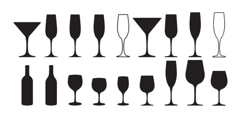 Alcohol Drink Glasses and Bottles Icon Set. Bar Glassware, wine, Beer, Cocktail Glasses and Bottles Icon. vector illustration eps 10