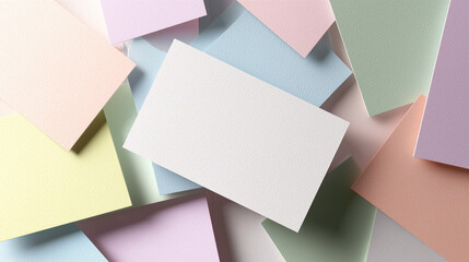 Vertical business card scatter mockup with soft pastel background showing randomly placed cards with slight rotation, smooth premium cardstock texture, modern corporate aesthetic and realistic high-re