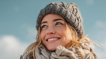 Woman wearing cozy knitted cap outdoors in winter smiling with bright clear sky and scarf around neck, realistic textures and natural expression