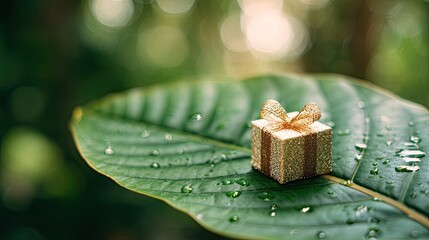 Golden gift box on a lush green leaf with dew drops
