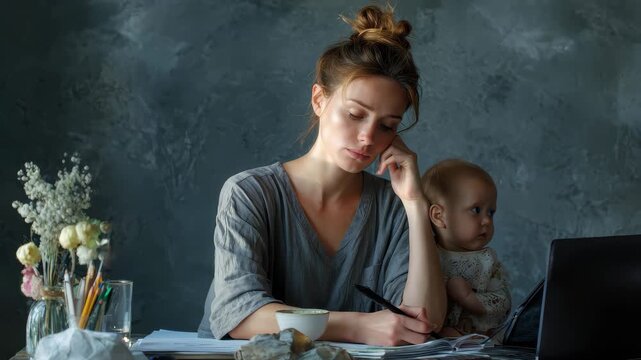 Multitasking mom working from home faces challenges while caring for her child at a cluttered kitchen table during a busy afternoon