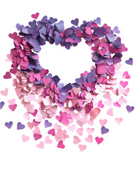 Obraz premium Heart-shaped paper confetti arranged in loose circular flow, playful spacing, soft shadows, isolated on white background. 