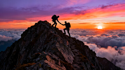 Two mountain climbers helping each other reaching summit at sunset above clouds silhouette of hikers at sunrise representing teamwork and partnership in challenging alpine environment adventure