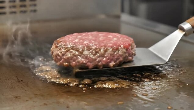 Hamburger patty sizzling and steaming while being flipped with a spatula on a hot flat top griddle