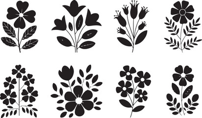 Set of black botanical silhouette flowers and leaves collection for floral decorative elements or summer garden botanical patterns