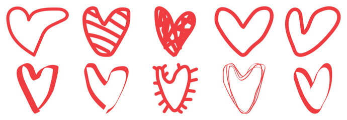 Hand drawn red doodle heart shapes set with playful sketch style for love designs vector