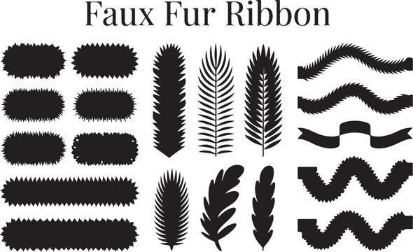 Faux fur ribbon elements and decorative borders with jagged edges and feather shapes isolated on transparent background