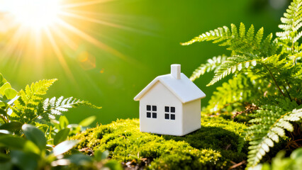 Small white miniature toy house sitting peacefully on vibrant green moss surrounded by fern leaves under bright warm summer sunshine representing eco friendly living sustainability real estate investm