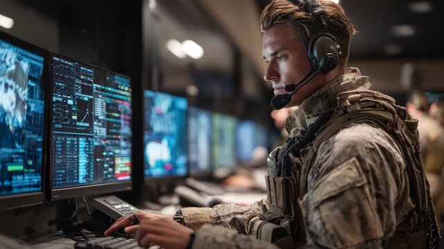 Military expert monitors advanced operations from high-tech command center during critical mission at night