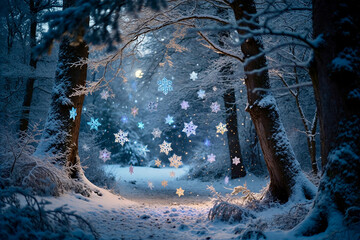 Forest in winter with colorful snowflakes 