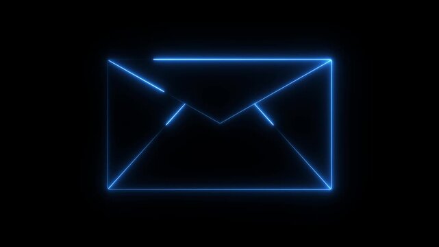 Neon blue color message icon animation with black background. Glowing neon message icon concept for digital communication and UI interface