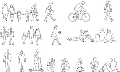 Line art illustration of people walking, sitting and relaxing outdoors, family, urban lifestyle and daily activity concept outline drawing set