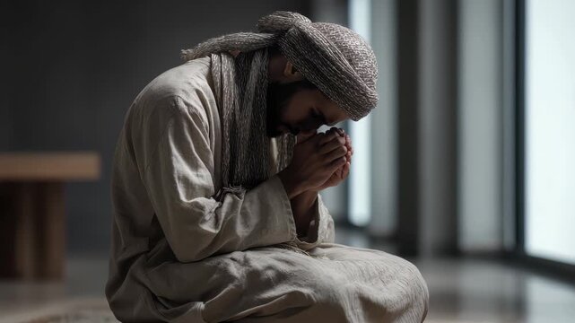 Muslim man praying humbly in quiet contemplation inside a serene indoor space during early morning hours