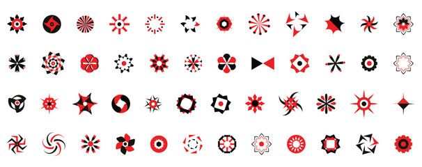 Abstract geometric symbol and rosette icon set featuring radial shapes, stars, floral forms, and decorative circular elements. Ideal for backgrounds, logos, patterns, branding, posters, and modern gra © Rahidul
