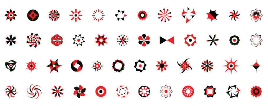 Abstract geometric symbol and rosette icon set featuring radial shapes, stars, floral forms, and decorative circular elements. Ideal for backgrounds, logos, patterns, branding, posters, and modern gra