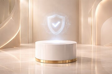 Futuristic pedestal showcasing a digital shield symbolizing trust and reliability surrounded by sophisticated minimalist architecture conveying modern elegance