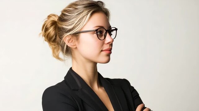 Blonde woman in black blazer and glasses smiling subtly on white background