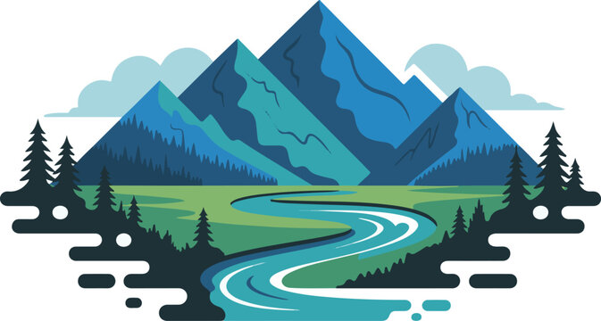 Vibrant mountain landscape with winding river and pine trees representing nature wilderness and outdoor adventure