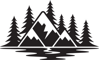 Obraz premium Black graphic silhouette of majestic mountain range reflected in calm water surrounded by tall pine trees