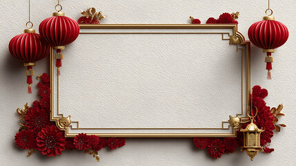 Luxury chinese festive oriental background design with red lantern decoration and flower border on elegant cream background for celebration and party invitation card frame layout