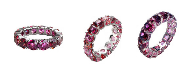 a sparkling pink gemstone eternity ring displayed from various angles on transparent background high quality professional