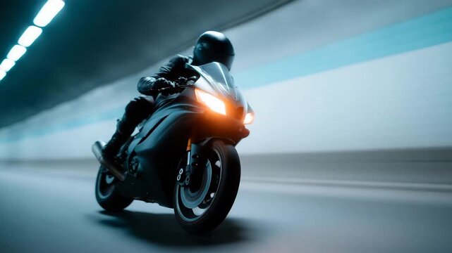 a sport motorcycle racing through a futuristic tunnel. A rider in full protective gear and a dark reflective helmet leans forward aggressively
