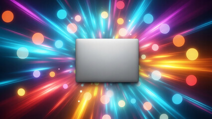 A sleek, silver laptop is centered against a vibrant, abstract background of exploding colorful lights and bokeh.