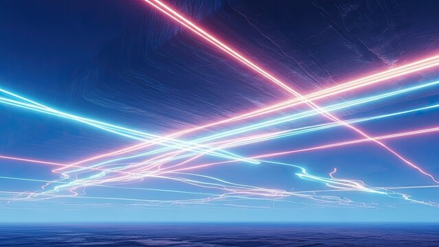 futuristic neon light streaks crossing the night sky creating dynamic visual effects