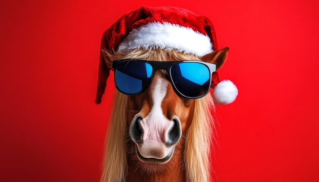 Festive Animal Portrait with Stylish Sunglasses and Cheerful Santa Hat for a Whimsical Christmas.