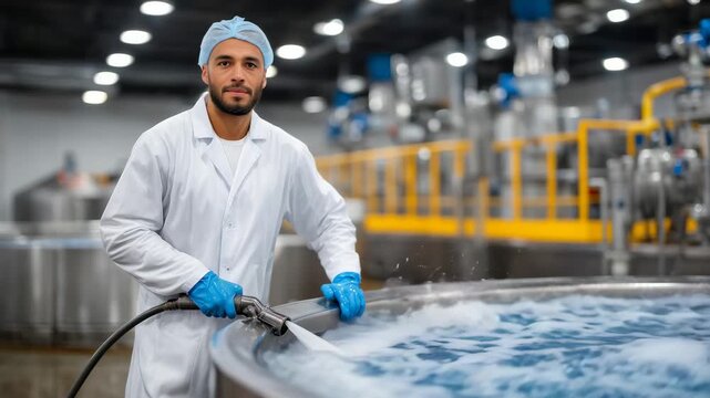 industrial hygienic environment inside a meat-processing facility. A worker in full sanitation gear white coat, hairnet, beard cover,