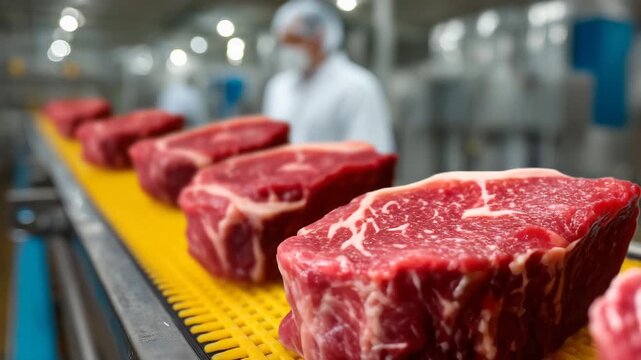 industrial meat-processing line with trays of raw beef steaks arranged in neat rows on a conveyor