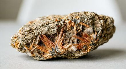 Acicular reddish brown rutile crystals in radial aggregates on mineral matrix within natural rock specimen.