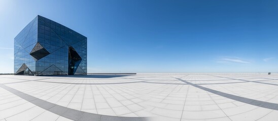 Modern Futuristic Architectural Masterpiece with Geometric Design and Reflective Glass Facade Under a Clear Blue Sky