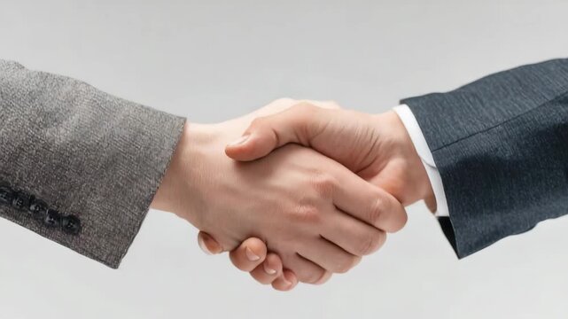 Two business people shaking hands in a gesture of agreement or partnership on white background