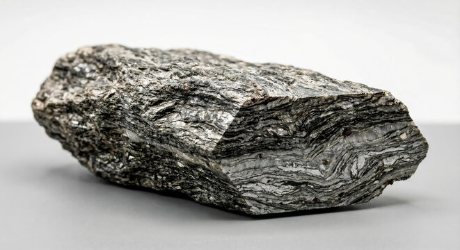 A collectible geological specimen of foliated mica schist with silver sheen and fine grained metamorphic layers on a smooth polished face