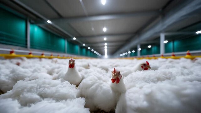 White broiler chickens in modern poultry farm interior industrial poultry production concept 