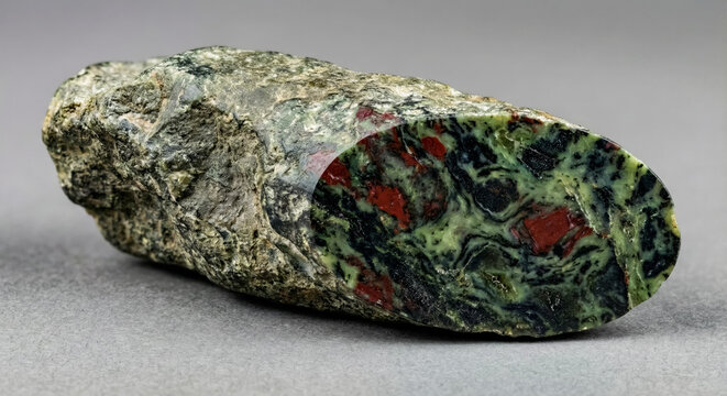 A collectible geological specimen of serpentinite rock with mottled green and red patterns on a cut polished face