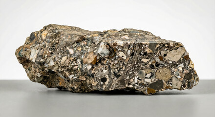 Fototapeta premium A collectible geological specimen of Suevite impact breccia with diverse rock fragments and glass clasts in a fine matrix