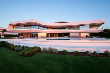 Modern architectural masterpiece with expansive glass facades overlooking a lush green garden.