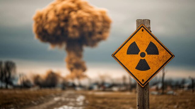 4k video of a nuclear explosion with a radiation sign.