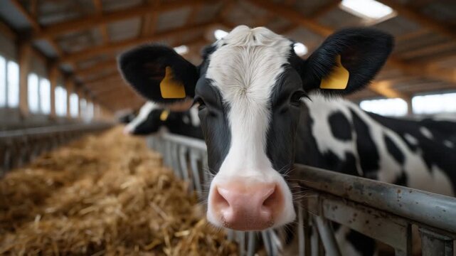 black-and-white cows leaning forward through metal stanchions to eat fresh hay.