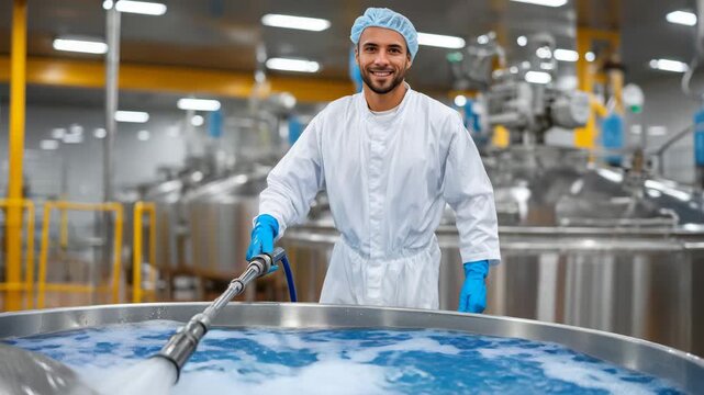 a meat-processing facility. A worker in full sanitation gear white coat, hairnet, beard cover, blue nitrile gloves, waterproof sho