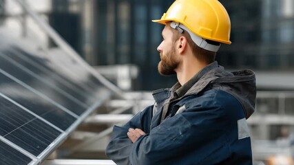 Professional engineer service worker inspecting solar panels at a modern installation site during early afternoon hours in a cityscape
