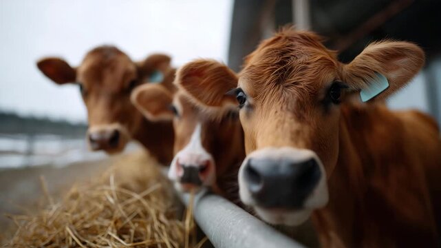 three young red Jersey cows standing at the feeding line in a modern livestock farm