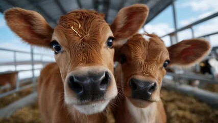 4k wo Jersey cows inquisitively push their faces toward the lens, creating an exaggerated, humorous wide-angle effect. Their noses appear oversized, moist, and covered with small