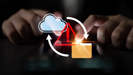 Illustrative concept of cloud technology with a warning symbol, highlighting data transfer and security risks in digital environments, focusing on modern user interaction. Gantry