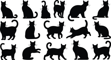 Black cat silhouettes, feline poses, sitting cats, walking cats, stretching cats, vector art, whiskers, tail positions, animal design, minimal style © Creative Art